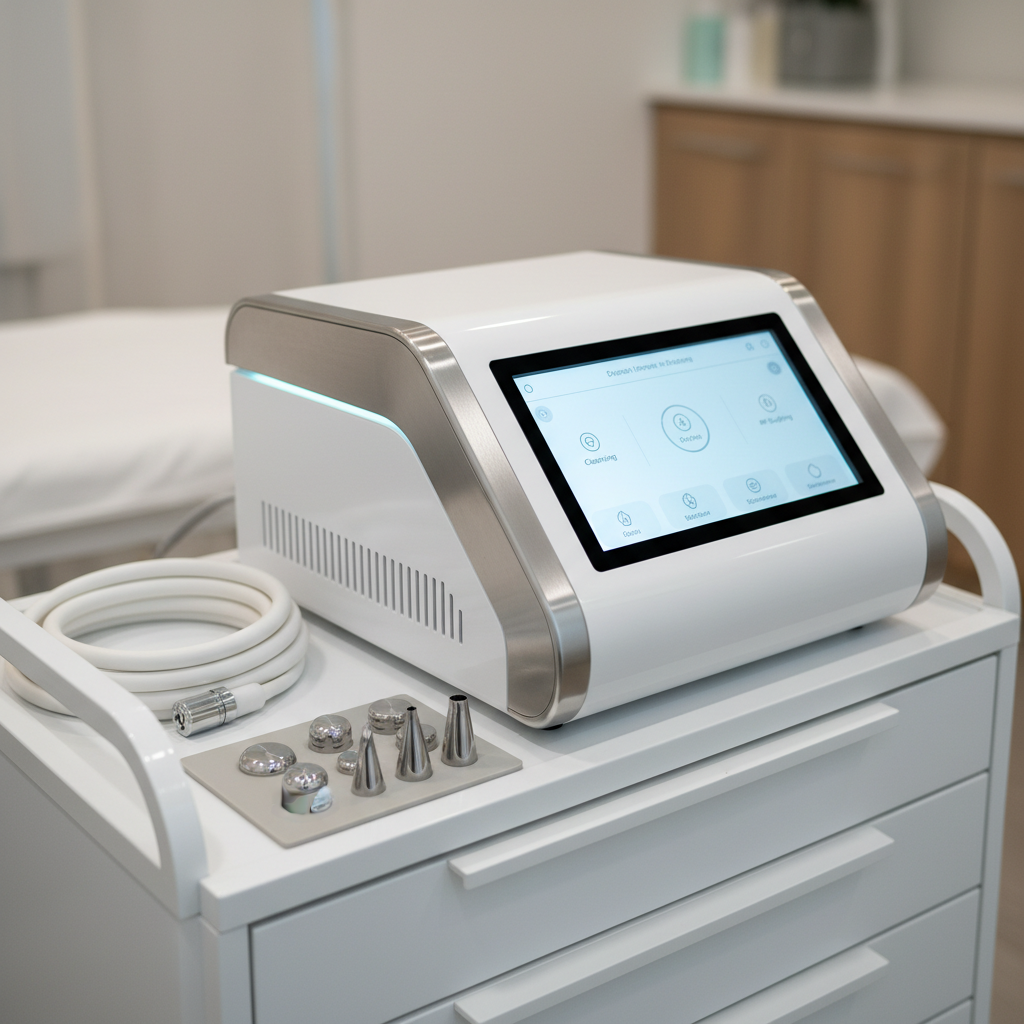 A close-up, hyper-detailed photograph of a sleek digital aesthetics device with a glossy white body and brushed aluminum accents, its touchscreen interface softly glowing with a minimalist interface showing treatment settings. The device sits on a spotless white trolley with organized drawers, next to a coiled silicone treatment cable and a row of disinfected stainless-steel attachments laid out on a silicone mat. The background shows a softly blurred neutral-toned treatment room. Cool, diffused overhead lighting and soft side light from a window create subtle edge highlights and precise reflections, emphasizing the technology. Eye-level composition, shallow depth of field, clean and clinical mood, photographic realism, designed to communicate advanced, professional skin treatments in a Brighton and Hove aesthetics clinic.