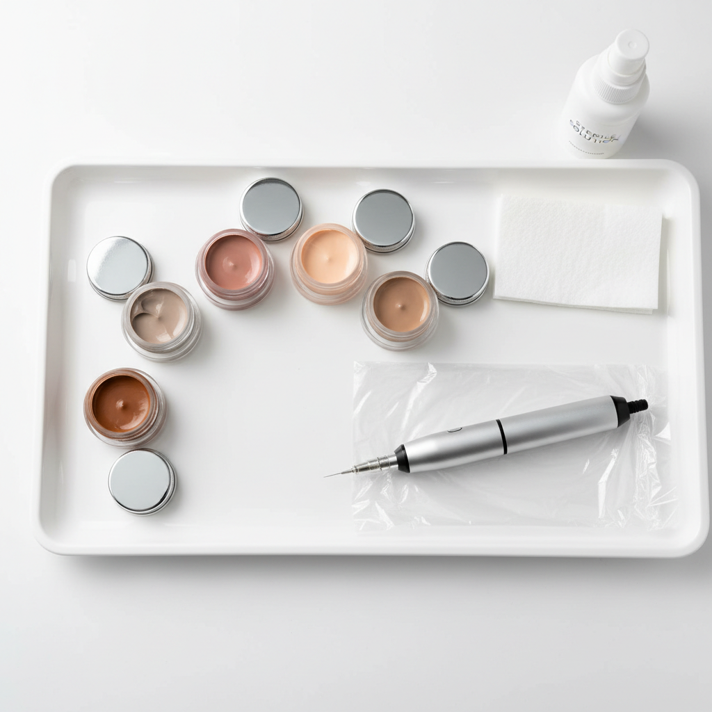 A meticulously composed overhead shot of semi-permanent makeup pigments in small, clear glass pots with tightly sealed silver lids removed, revealing rich, creamy pigments in natural browns, soft taupes, muted rose, and nude tones arranged in a gentle arc on a sterile white tray. Beside them lies a precision digital PMU handpiece, matte silver with a fine needle cartridge attached, resting on a disposable barrier film. A softly folded disposable pad and a small pump bottle of sterile solution complete the scene. Bright, diffused studio lighting from above eliminates harsh shadows, emphasizing color accuracy and texture. Photographic realism with sharp focus throughout, professional and calm atmosphere, clean and modern aesthetic suited for educational blog articles about semi-permanent makeup techniques and safety.