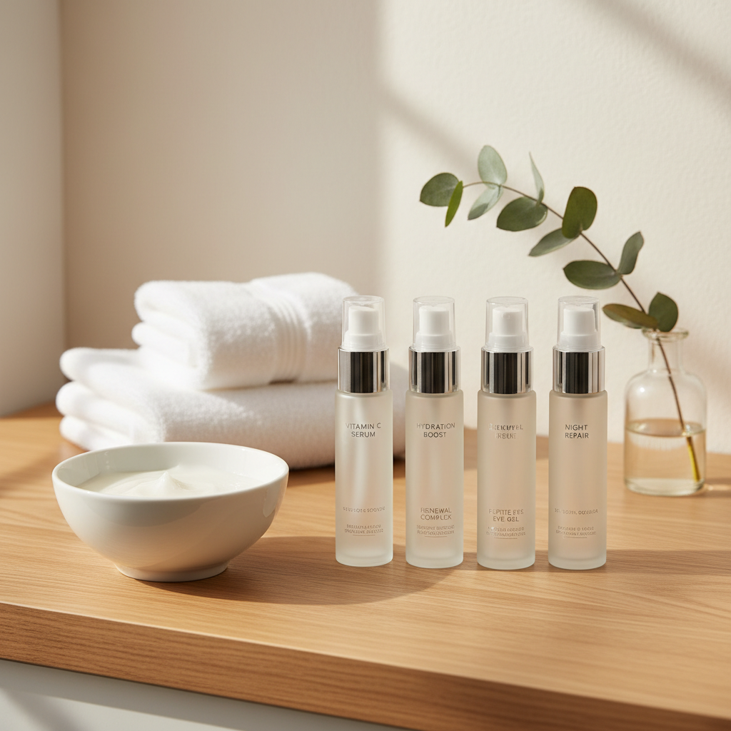 An elegant close-up of a glossy white ceramic treatment bowl beside neatly aligned airless skincare pump bottles in matte frosted glass, each labeled with subtle silver typography, resting on a smooth light oak counter. Behind them, a folded stack of plush white towels and a small clear vase holding a single eucalyptus branch sit against a softly textured warm white wall. Diffused daylight from a nearby window creates refined reflections on the glass and soft shadows that emphasize the textures. Photographic realism with a slightly elevated angle and shallow depth of field, producing a creamy bokeh background. The mood is clinical yet inviting, conveying advanced, professional skincare treatments with a clean, modern aesthetic ideal for blog posts about skin treatment benefits.