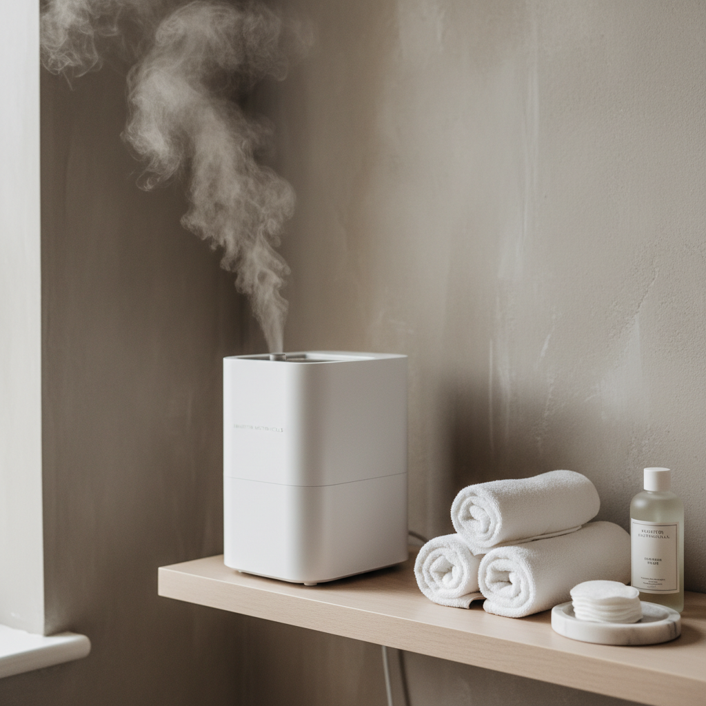 A refined, spa-like corner featuring a matte white ultrasonic facial steamer on a slim, pale wood shelf, emitting a delicate, almost ethereal cloud of vapor that curls softly into the air. Beside it, a stack of rolled white cotton towels, a frosted glass bottle of toner, and a small marble dish holding reusable cotton pads are neatly arranged. The backdrop is a textured, warm grey wall with subtle limewash effect, softly illuminated by indirect natural light from an unseen window, creating gentle shadows and a calm, enveloping atmosphere. Photographic realism, shot at a three-quarter angle with medium depth of field, clean and tranquil composition, evoking professional yet comforting advanced facial treatments in a Brighton and Hove aesthetics studio.